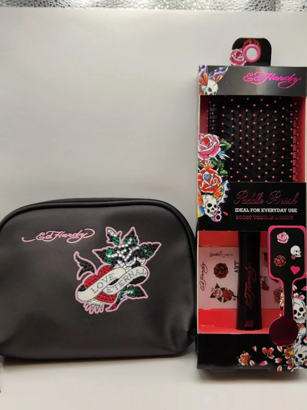 Ed Hardy Gift Set cosmetic bag faux crystals & paddle brush black both NIP